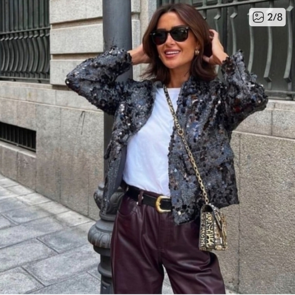 Zara Dark Sequin Embellished Front Pocket Women's Jacket